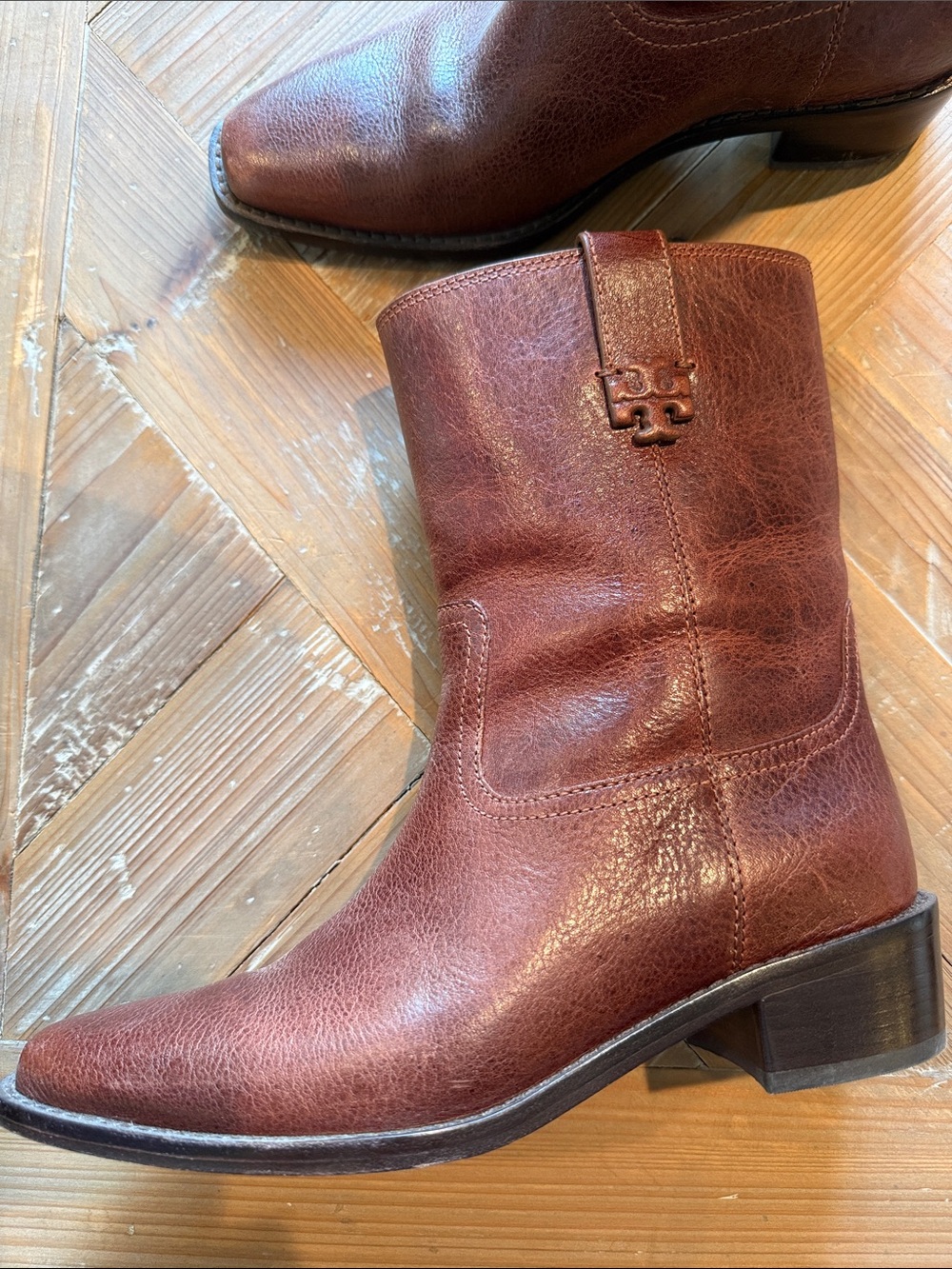 Tory Burch Chestnut Brown Leather Mid-Calf Boots